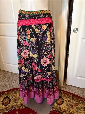 Boho Floral Maxi Skirt in Pink and Black